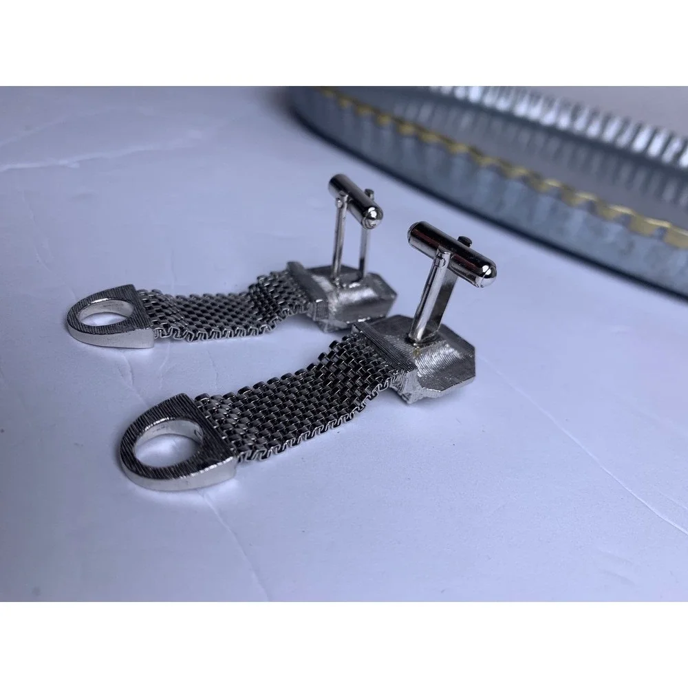 Vintage Silver Tone‎ Mesh Wrap Cufflinks Black Square Stone Mid Century Modern